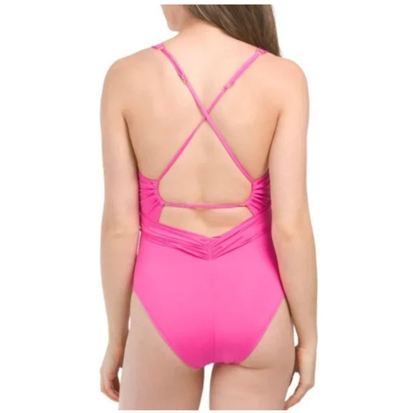 NEW Trina Turk Monaco Deep Plunge V-Neck Swimsuit One-Piece Pink Womens Size 10 - Picture 3 of 5